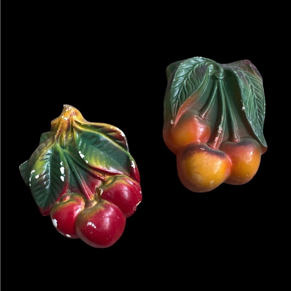 Vintage 1950s Chalkware Cherry Wall Hanger Kitsch Kitchen Set of Two